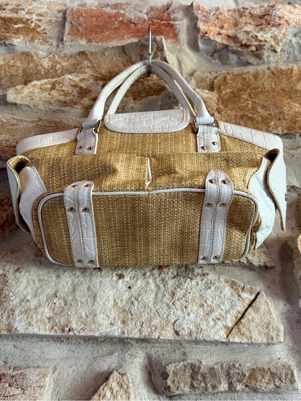 Cole Haan White Croc-Embossed Trim Straw Tote with Silver Buckle - Picture 3 of 13